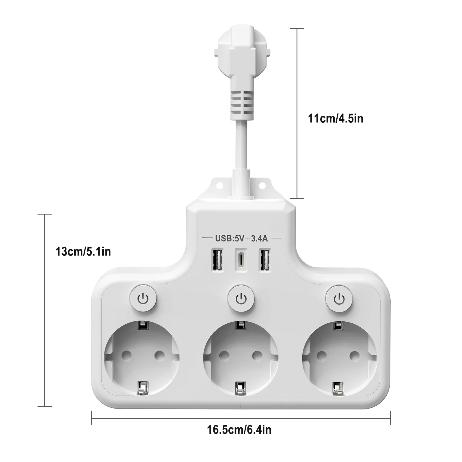 Multi Plug Electrical Outlet, EU Power Strip 2 USB A 1 Type C Multitap Socket With Switch 5CM Extension Cord 4000W 16A White