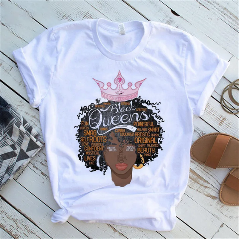 Stylish Casual Cartoon Feminist Cartoon African Girl Print Short Sleeve T-shirt for Women Harajuku  Women Clothes  Graphic