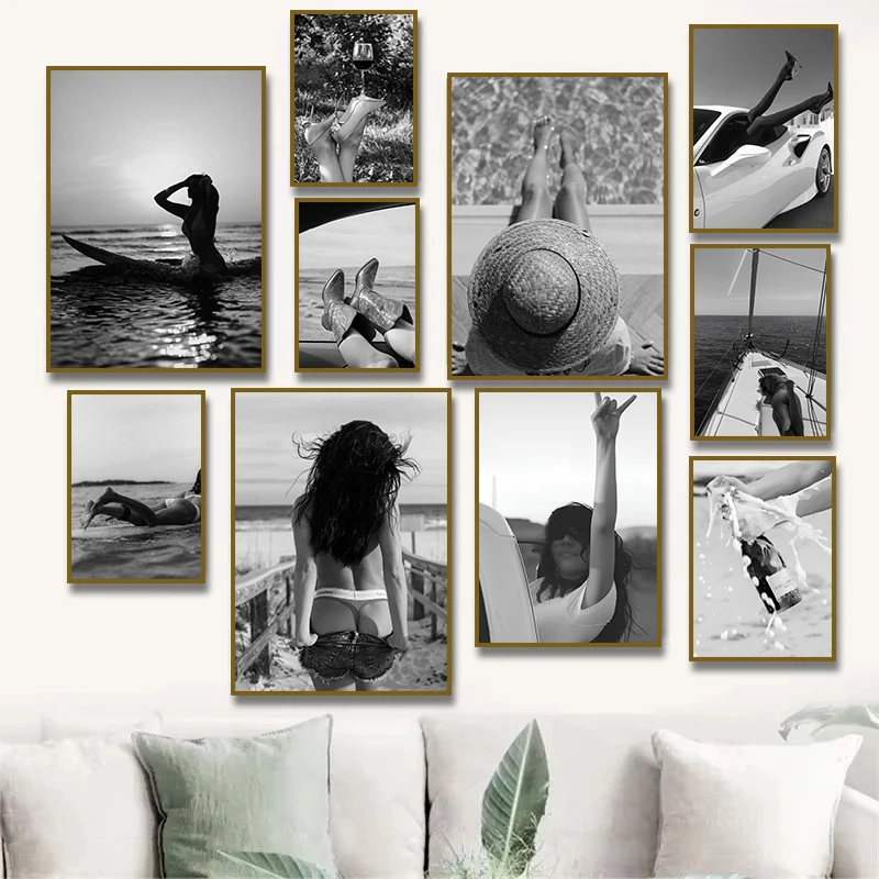 (No frame)Fashion High Heels Poster Champagne in The Ocean Sexy Girl Lingerie Canvas Painting Print for Living Room Home Deco