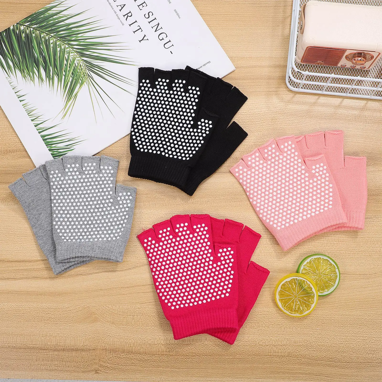 

4 Pcs Anti-slip Yoga Gloves Women Gym Soft Silicone Grips Exercise Workout No Finger Design Black Grey Rose Orange