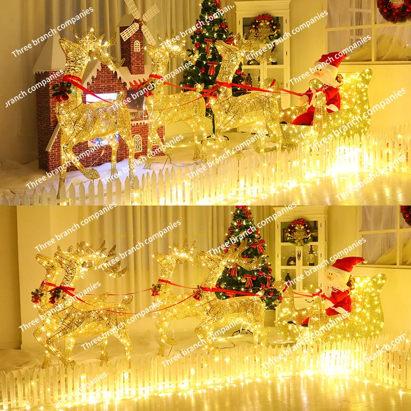 Christmas Glowing Elk Pulling Car Wrought Iron Santa Decoration Large Ornament Sleigh Car Decoration Scene Arrangement