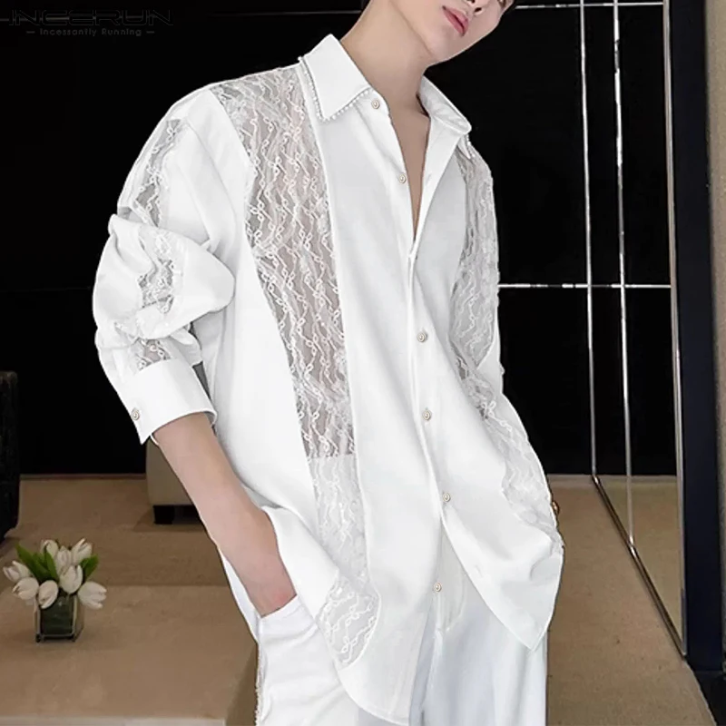 

INCERUN Men Shirt Lace Patchwork See Through Sexy Lapel Long Sleeve Male Shirts Streetwear 2025 Fashion Casual Men Clothing Tops