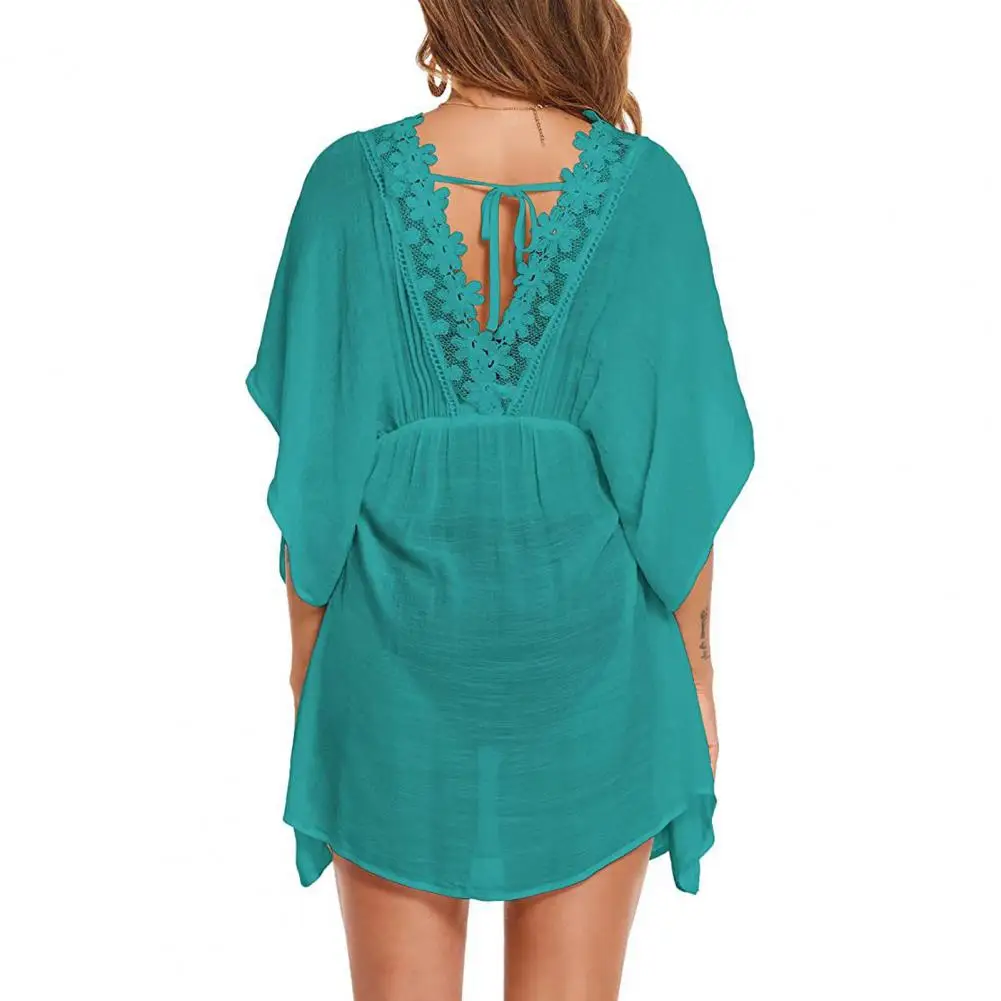 Loose Fit Bikini Cover Up Stylish Women's Beach Dress with Lace Trim Flowy Swimsuit Cover Up for Summer V-neck Chiffon for Pool