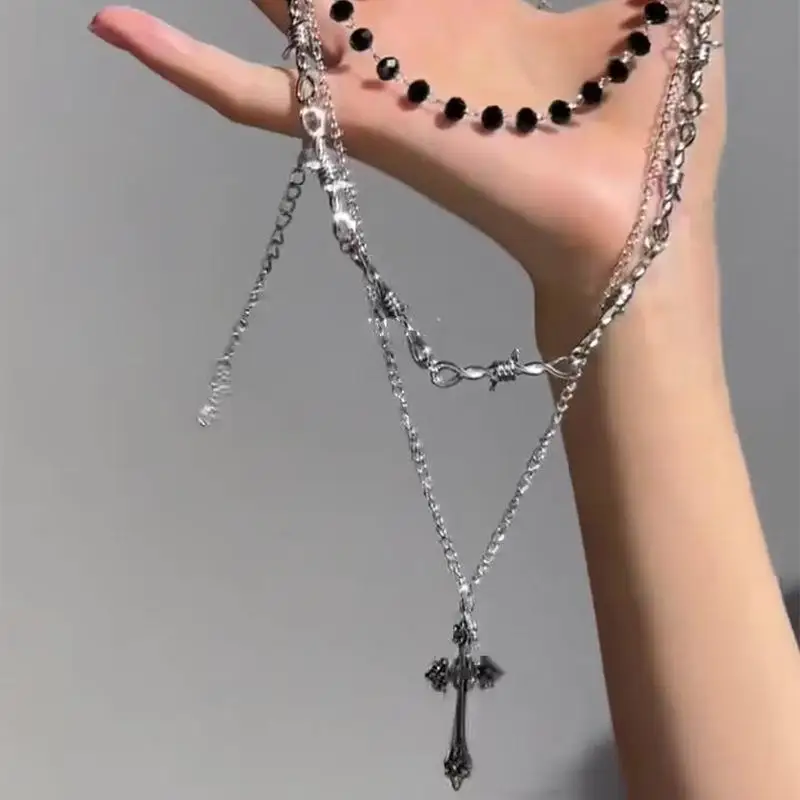 Edgy Punk Multi Layered Cross Pendant Necklace Vintage Dark Aesthetic Stackable Choker Neck Jewelry for Girls Street Matching