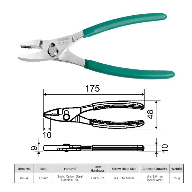 ENGINEER PZ-54 Japan-Made Screw Removal Pliers 175mm - Non-Slip Jaws for Slipped/Broken/Rusty Screws