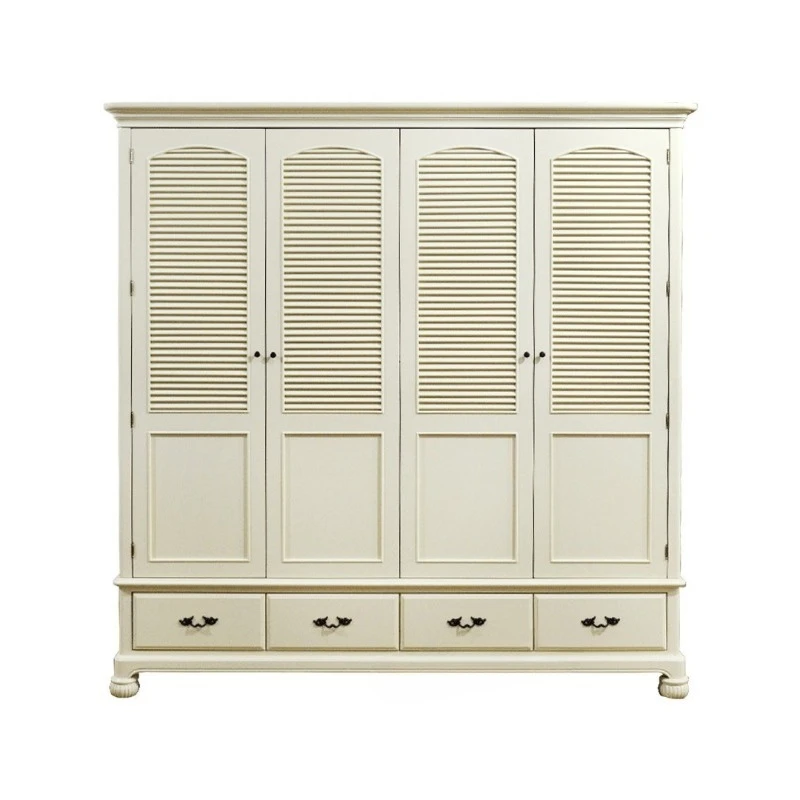 

American country bedroom four-door wardrobe louver large-capacity wardrobe, French retro old ivory white locker