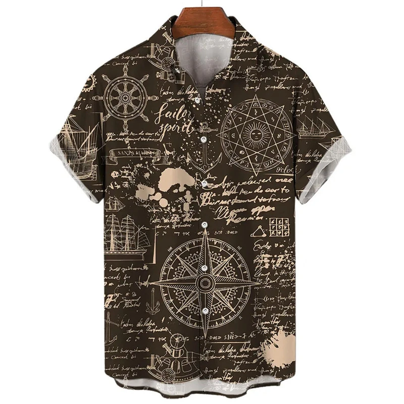 Vintage Sailing Compass Marine 3D Print Men's Casual Shirts Streetwear Baggy Unisex Hawaiian Shirt Summer Casual Button Tops