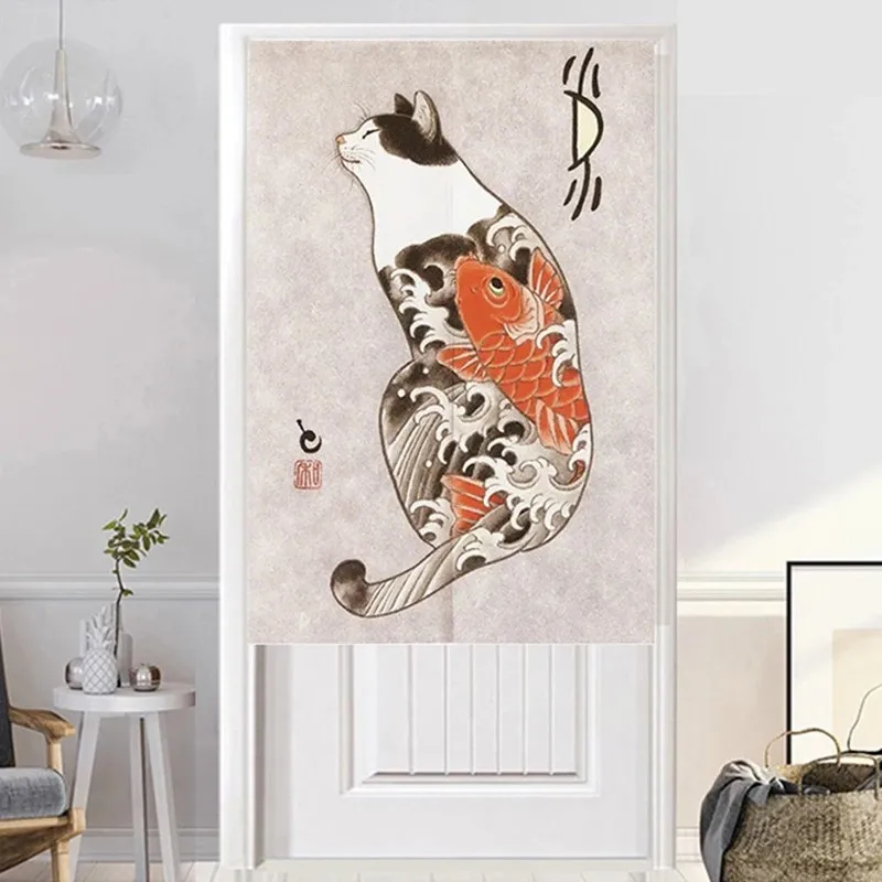 Japanese Ukiyo-e Tattoo, Cat Print, Linen Half Door Curtain, Kitchen and Bedroom Partition, Privacy Curtain, Home Decoration