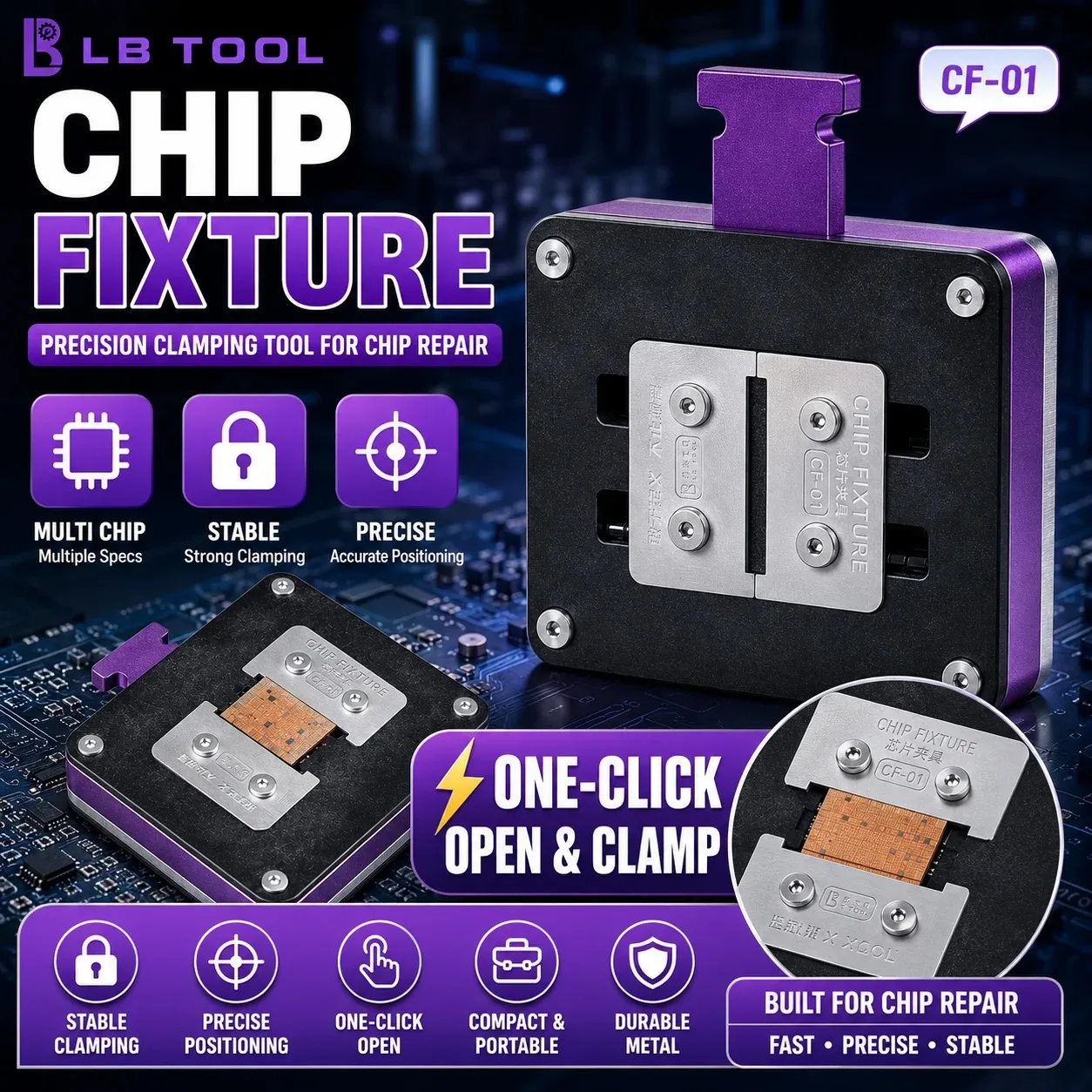 LBTOOL CF-01 Chip-Halterung Ein-Klick-Öffnung Doppelklemme Hochtemperaturbeständiger IC-Fixhalter für Handy-IC-Reparaturwerkzeuge – Detail 3