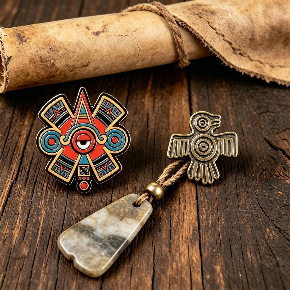 2pcs Mesoamerican Enamel Pin Set, Ancient Mexican Sun Eye Spirit Bird Brooches, Indigenous Tribal Symbol Lapel Pins