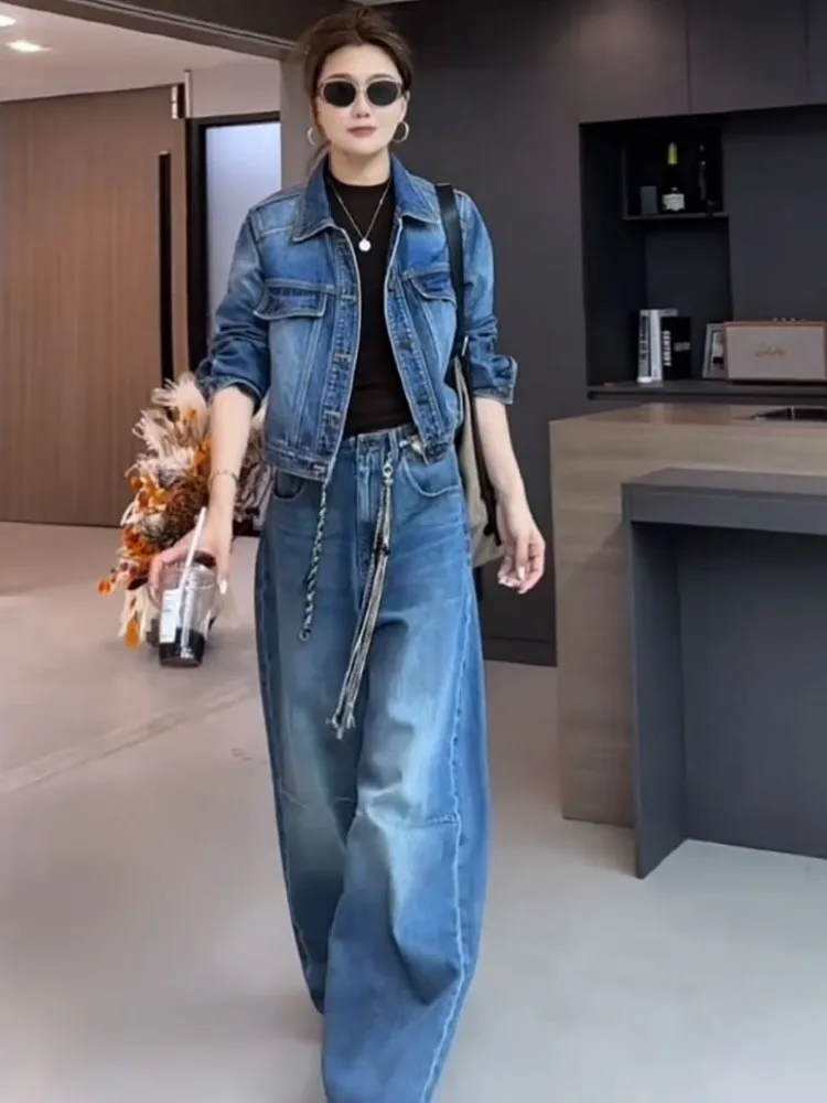 High Street Women Cargo Denim Short Jacket High Waist Wide Leg Jeans Two Piece Set Fashion Casual Streetwear Lady Matching Sets