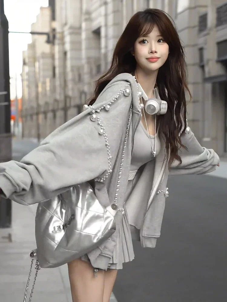 Grey Pearl Bead Sweatshirts Women's 2024 Early Autumn New Loose Casual Long Sleeve Hooded Trendy Tops Feminine Zipper Hoodies
