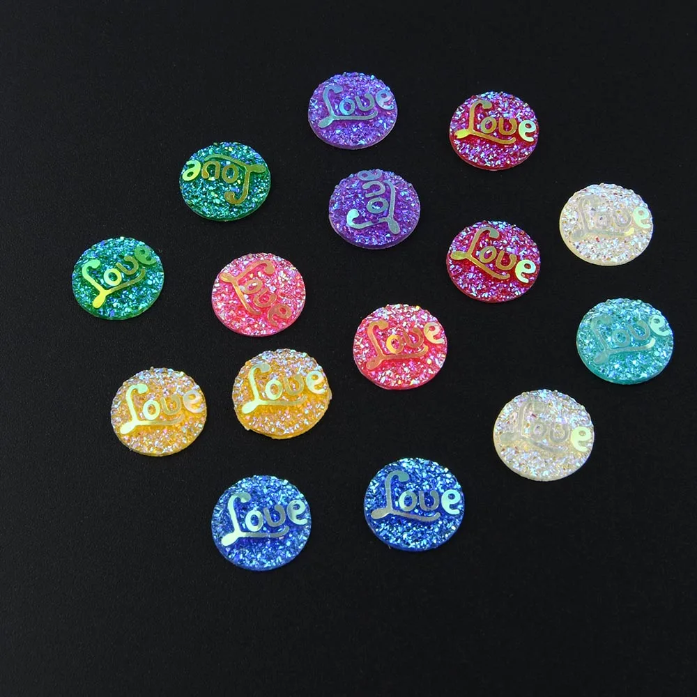 60pcs 12mm Round AB Flatback Resin Rhinestone Beads with LOVE Letter DIY Wedding Dress Decor Clothing Accessories Handicrafts