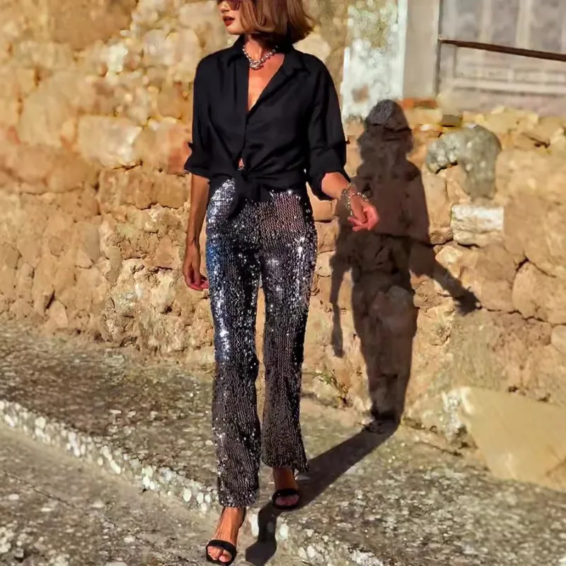 Women'S Casual High Street Korean Sequins Shiny Flare Long Pants Casual Fashion Beading Straight Wide Leg Pants Slim Fit New Y2K
