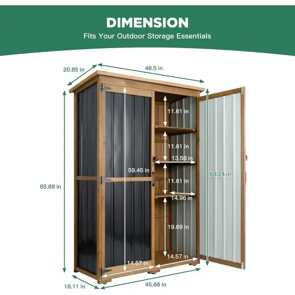 Weatherproof Wood & Metal Outdoor Storage Cabinet with Double Lock, Removable Shelves, 46 x 18 x 68