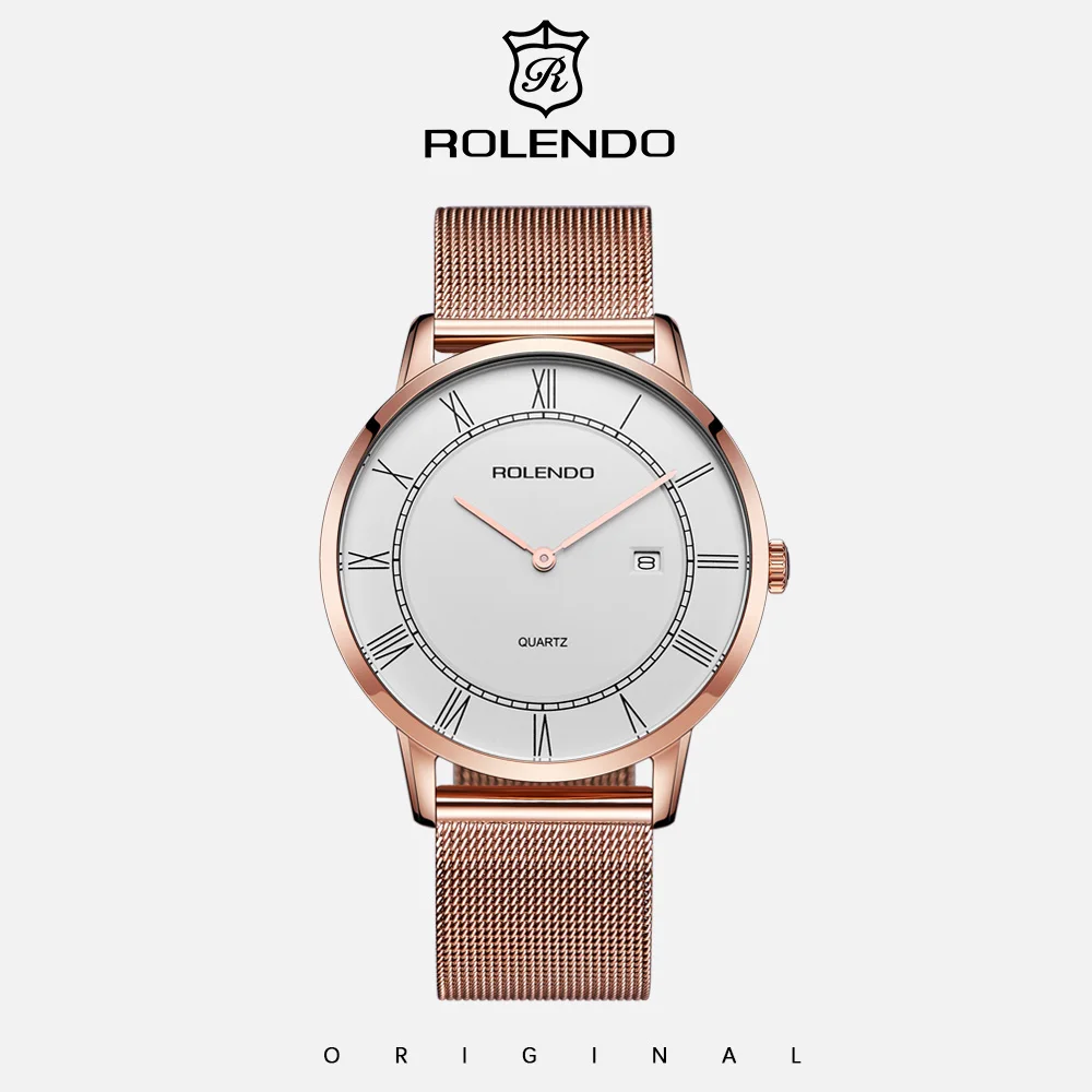 ROLENDO Men Quartz Watch Roman Numeral White Dial Date Display Slim Business Wristwatch Elegant Male Watch For Daily Office Gift