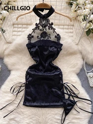 CHILLGIO Women Satin Lace Patchwork Dress Sexy Erotic Sleepwear Sheer Nightie Bodycon Nightgowns Fashion Halter Pajamas Suits