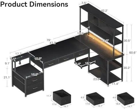 79 inch L Shaped Desk with 5 Drawers, Reversible L Shaped Gaming Desk with LED Light & 2 Power Outlets, Computer Desk