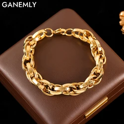 GANEMLY 316L Stainless Steel Metal Thick Cuban Chain Bangle Bracelet For Women Fashion Gold Color Wrist Chain Waterproof Jewelry