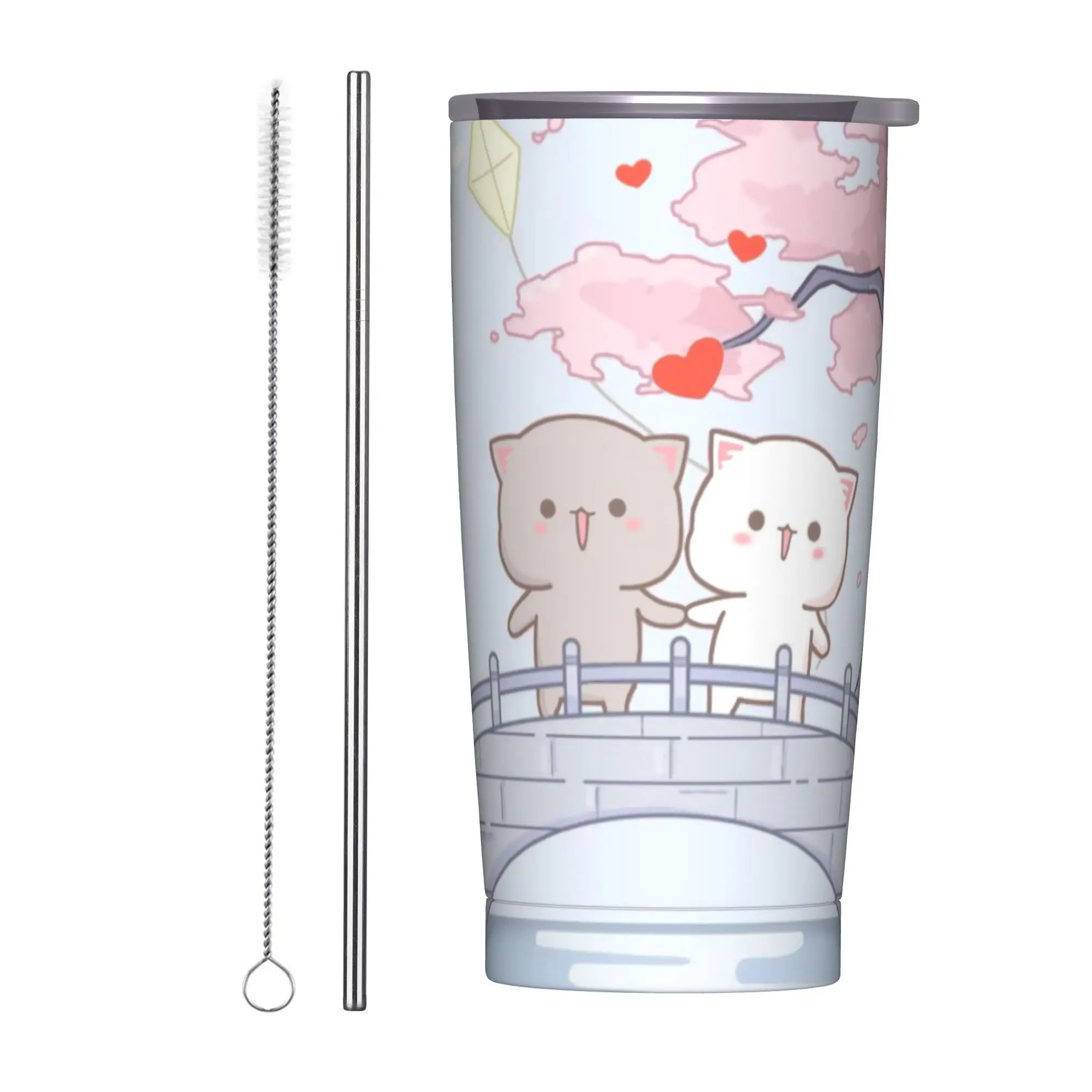 Vaso Térmico Romántico con Diseño de Gato Mochi Peach y Goma, de Acero Inoxidable, Aislado al Vacío, para Viajes y Actividades al Aire Libre, 20 oz