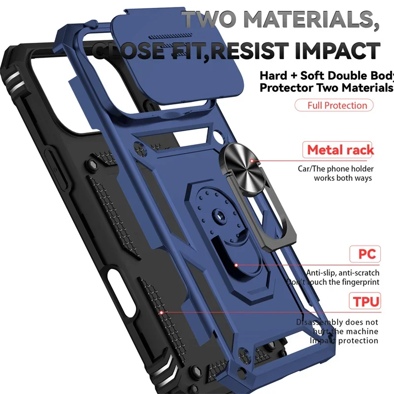 Ring Stand Rotating Slide Camera Lens Military Grade Armor Case for iPhone 17 16 E 14 13 12 11 15 Pro Max Plus Mini Cover
