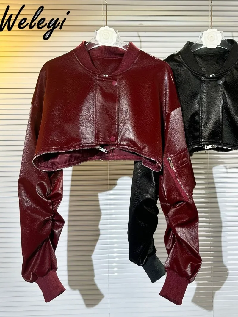 

Sparkling Burgundy Patent Leather PU Leather cropped Jacket Two Wear Women's Spring and Autumn New Spice Girl Locomotive Clothes