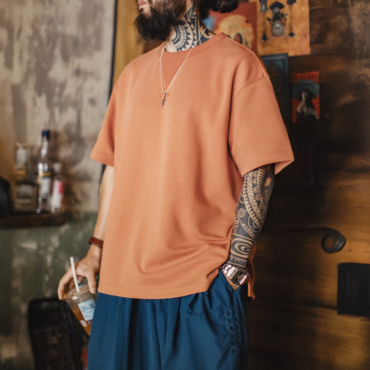 Maden Summer Men's T-Shirt Retro Crew Neck Loose Fit Solid Color Short Sleeve Tee Wrinkle Free Triangular Ribbed Cuffs Casual