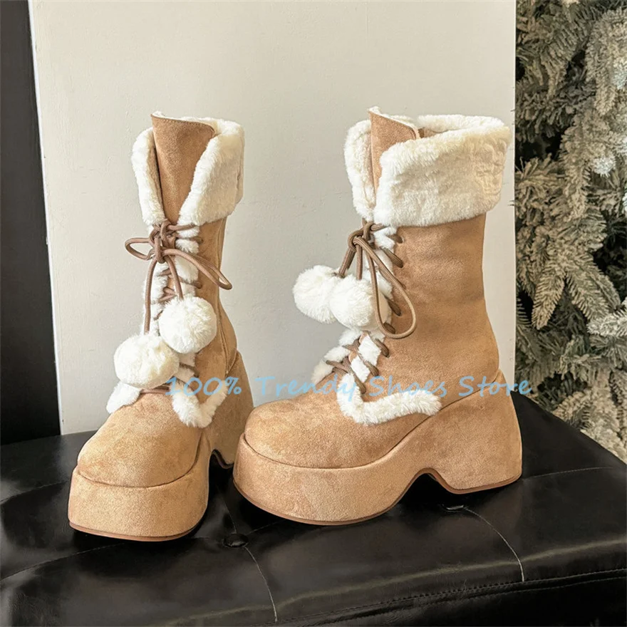 

Fashion Mixed Color Plush High Top Lace-Up Women Boots Round Toe Chunky Platform Wedges Snow Boots Ladies Outside Mid-Calf Boots