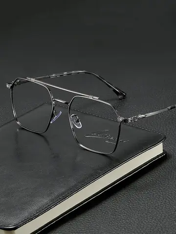 Retro ultralight double beam metal flat lens for men and women big face slimming classic casual glasses