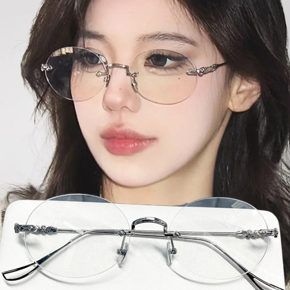 Oval Borderless Frame Glasses Women Anti-Blue Light Retro Metal Frame Eyeglasses Fashion Comfortable Eye Protection Glasses