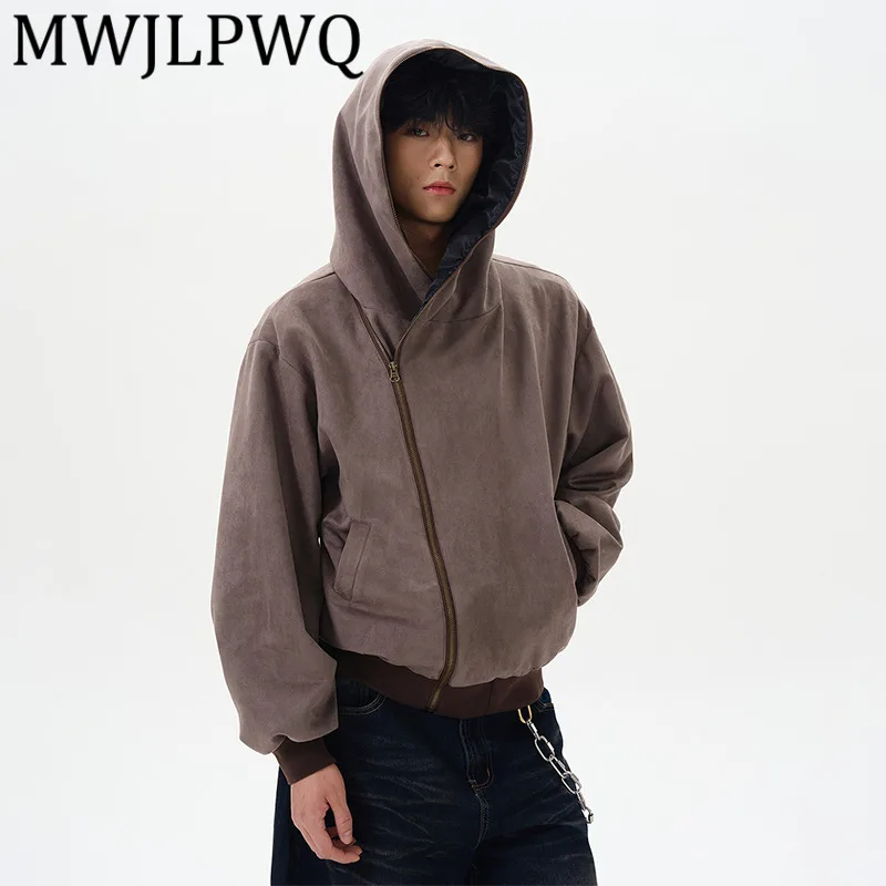 

MWJLPWQ Irreguar Zipper Leather Design Male Sweatershirts High Street Blushed Hooded Casual Top 2025 Autumn Men's Clothing 11865