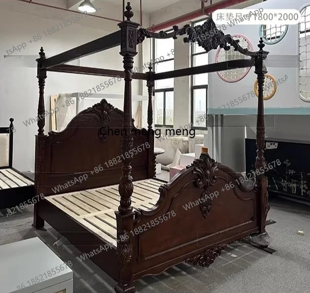 Hand-carved solid wood bed Roman column four-poster double bed color can be customized