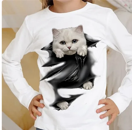 Camiseta con estampado de gato en 3d de irls, camiseta de manga larga con estampado 3d de otoño para niños de 3 a 12 años, ropa informal para uso diario al aire libre, Tops para niñas