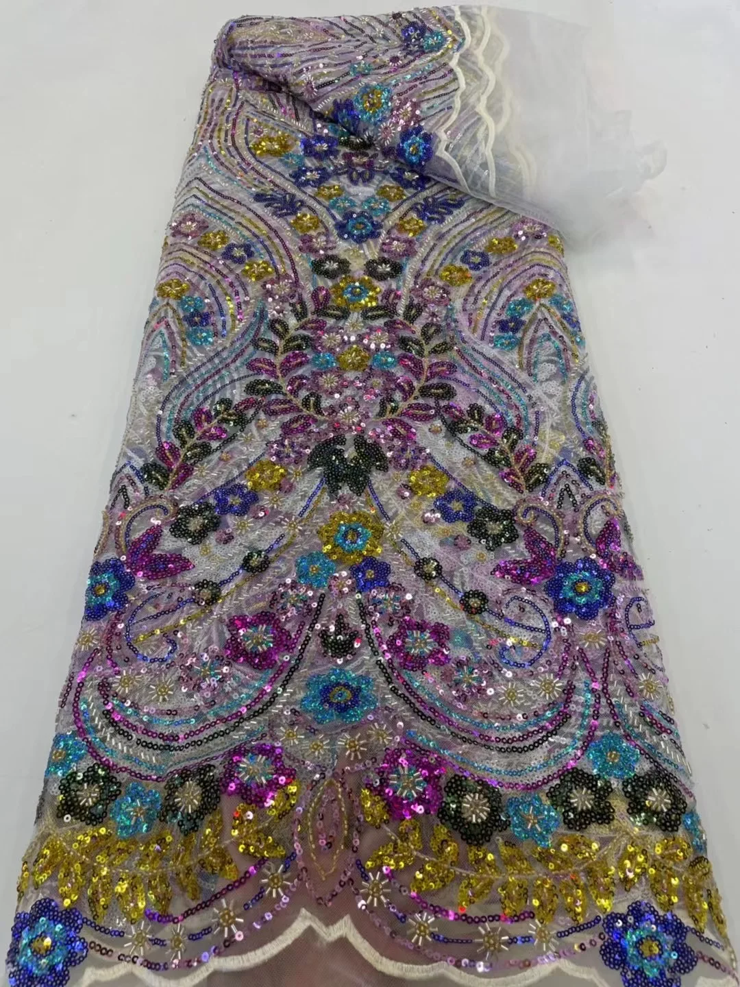 

2022 Elegant Nigerian Colourfull Luxury Sequin Tulle Lace Fabric African Heavy Handmade Beaded Mesh Fabric For Wedding Dresses