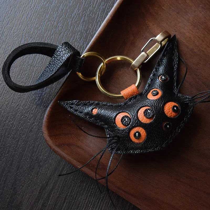

Handmade Leather Black Cat KeyChain Bag Charm