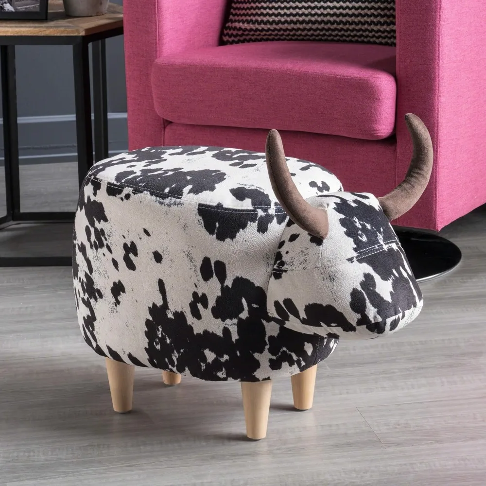 Bessie Patterned Velvet Cow Ottoman, Black And White Cow Hide / Natural