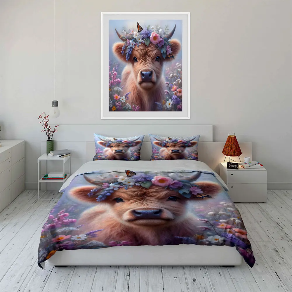 Cute cow wearing floral crown in meadow Pattern Duvet Cover Set Digital Print Colorful Polyester Bedding with Zipper Closur