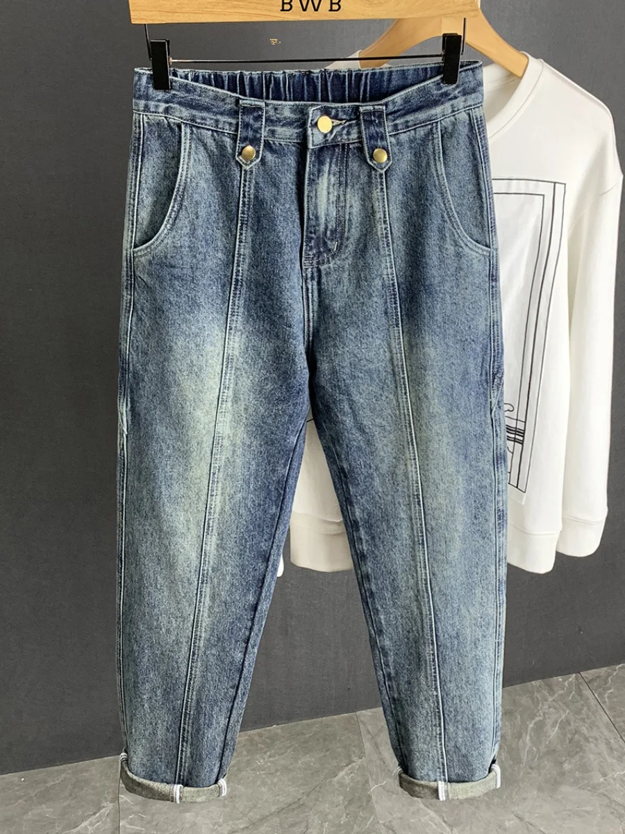 

Синие прямые джинсы свободного кроя для мужчин, с завышенной талией, из хлопкового стрейч-денима, молодежные, модные, осенние, новые, длинные брюки