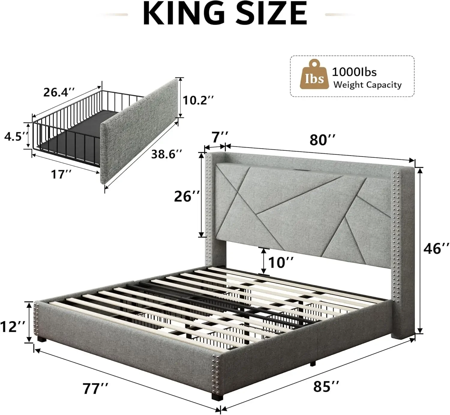 Upholstered Bed Frame with Minimalist Wingback Headboard and Charging Station, No Box Spring Needed, Light Gray