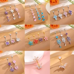 Mixed-Style Cat Flower Star Cross-Shaped Belly Button Ring Blue Crystal CZs Stainless Steel Navel Ring Curved Belly Piercings
