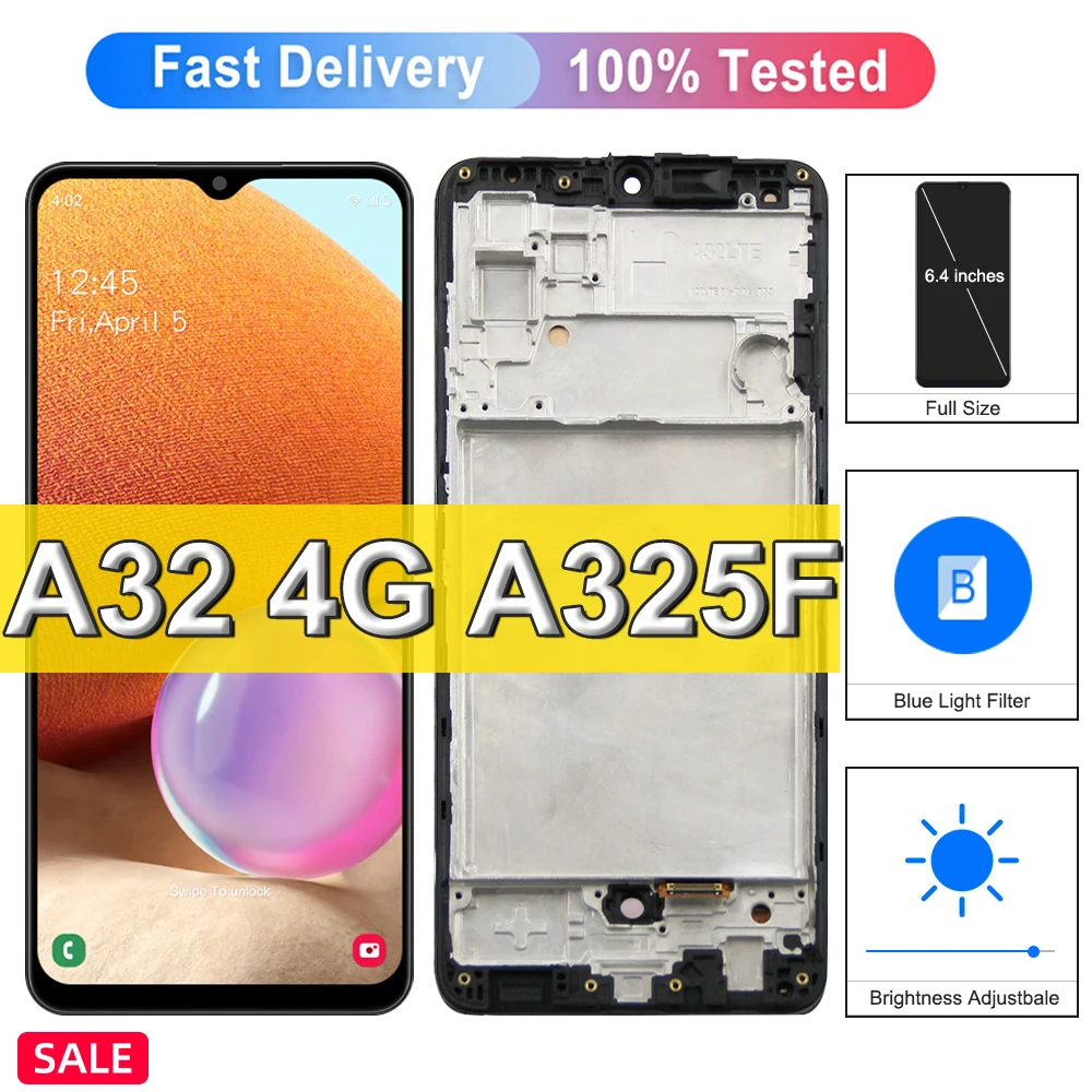 Super Amoled LCD Display Touch Screen com Impressão Digital, substituição para Samsung Galaxy A32, A325F, A325N, 4G