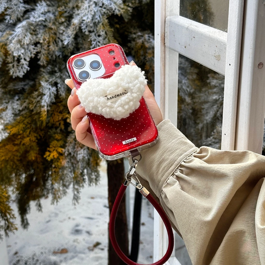 Dulce punto de onda roja patrón de papel de aluminio corazón de amor de felpa con cordón de soporte funda de teléfono para iPhone 17 16 15 14 Pro Max