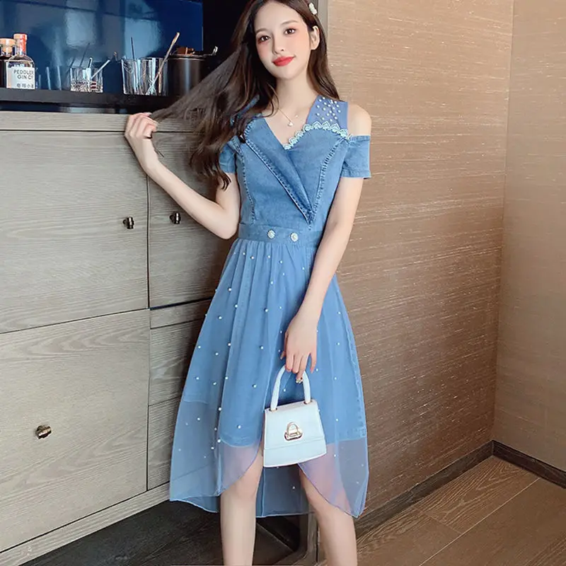 

Summer New Women Sweet Patchwork Net Yarn Cowboy V-neck Short Sleeve Off Shoulder Embroidered Flares Corset Two Piece Set Dress