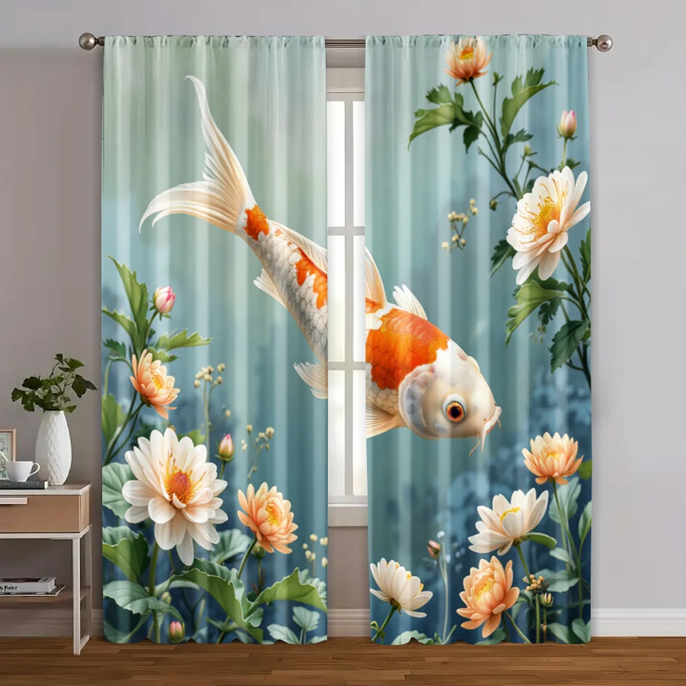 2pcs, Curtain Cloth Elegant Koi Fish Fabric (without rod) Gifts Ldeal for Bedroom, Living Room, Office Decor , Rod Pocket Design