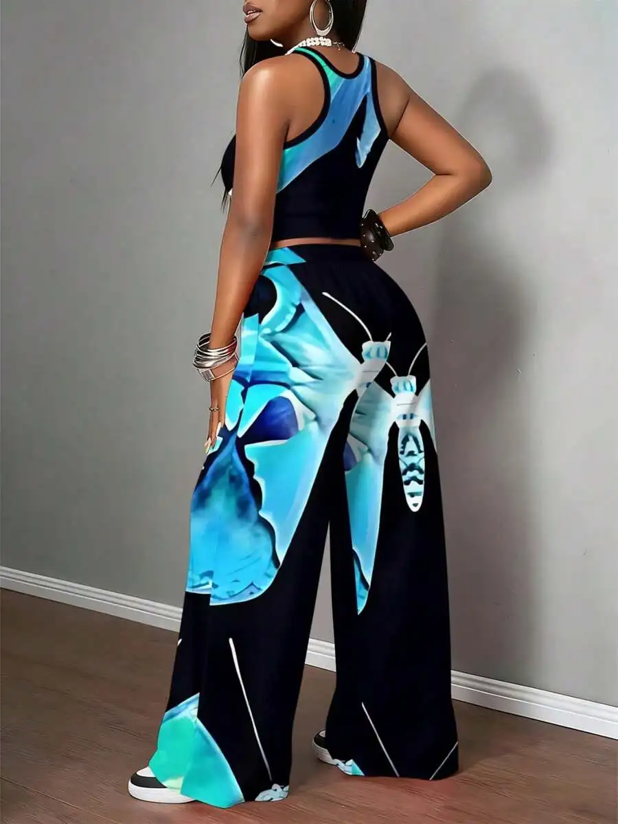 

Butterfly Print Knit Two-Piece Set Womens Summer Casual Tank Top And Wide Leg Pants