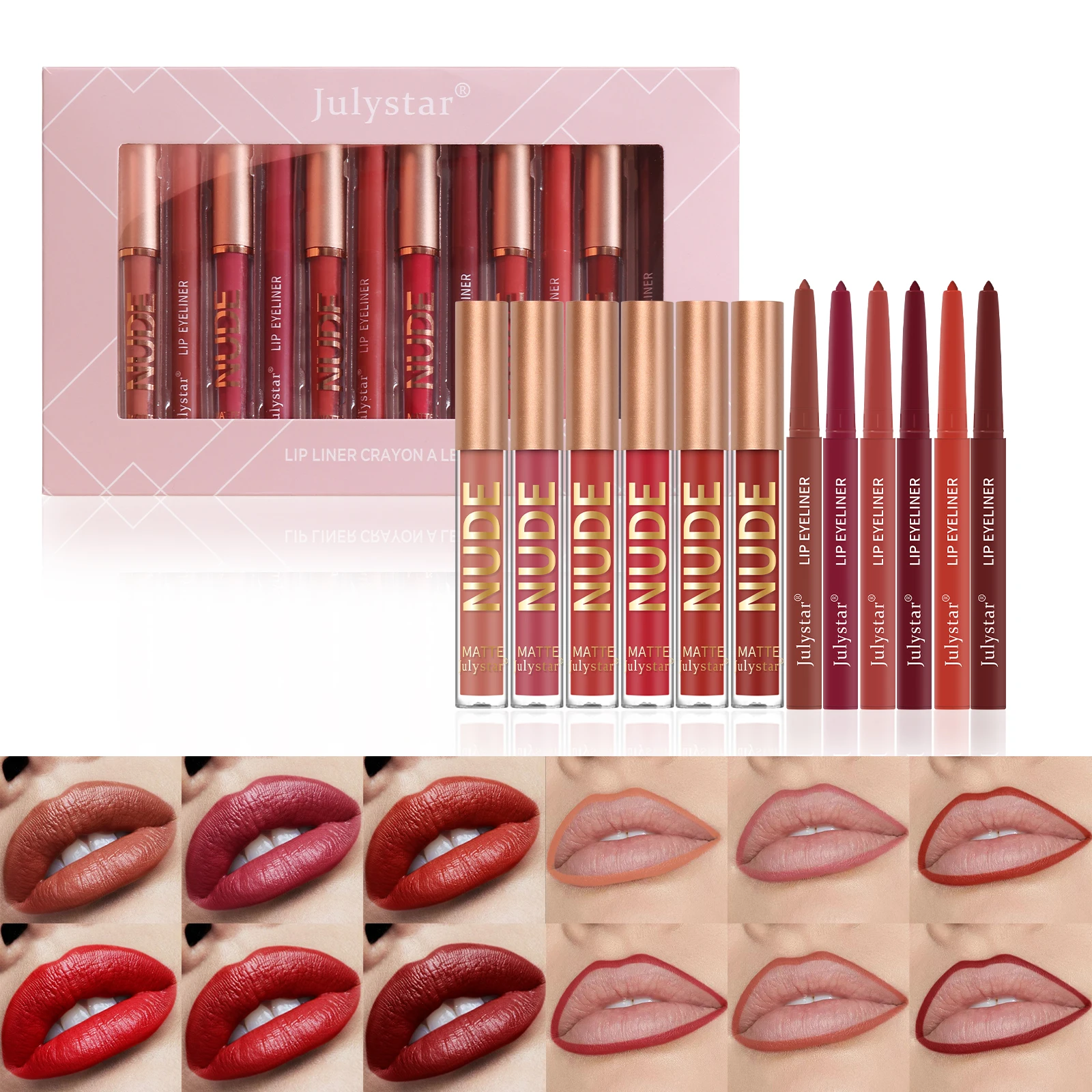 Julystar 6 + 6 Lipkleur Lipliner Set Gemakkelijk Te Kleuren En Duurzame Kleuring Make-Up Dames Dagelijkse Draagbare Make-Up Set