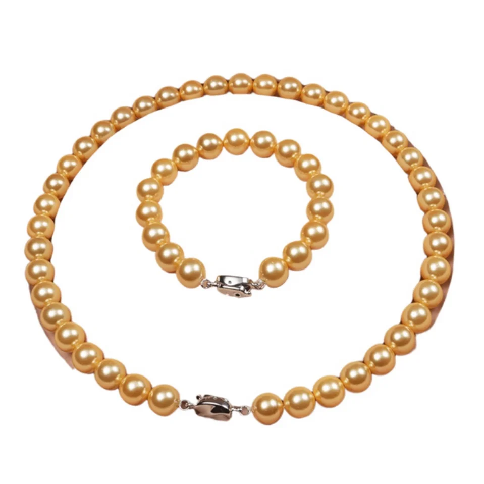 

CHARMING 8-9mm NATURAL GOLD ROUND PEARL NECKLACE + BRACELET