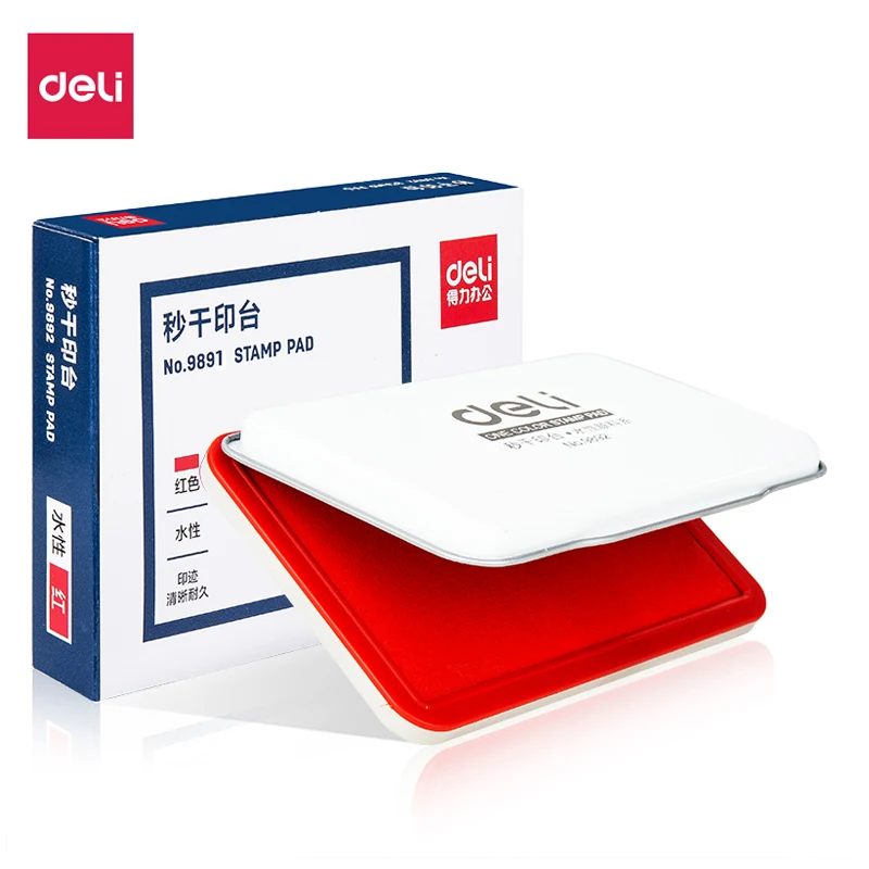 Deli Metal Square Red Ink Pad, Quick-dry Ink Paste in S/M/L Sizes, Financial Office Supplies
