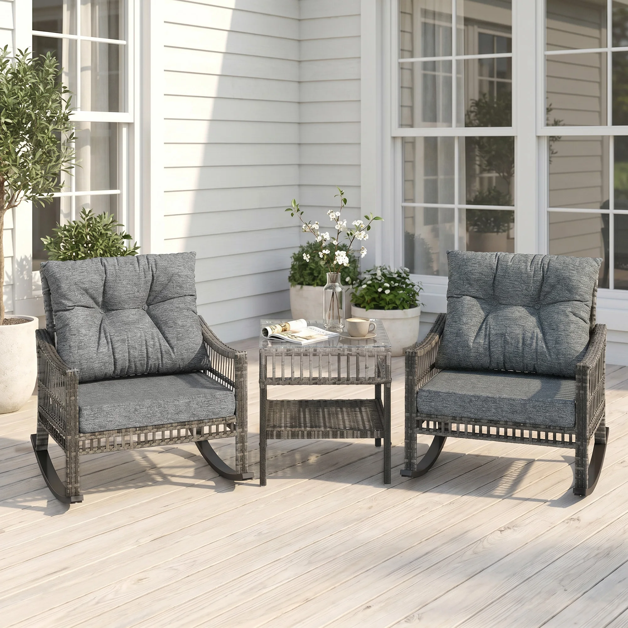 3 Pieces Pe Rattan Rocking Chair Set for Outdoor, Grey