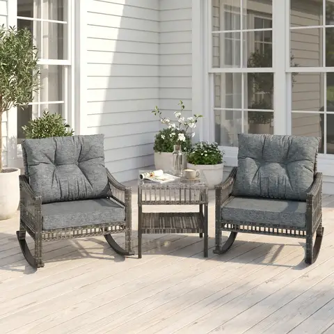 3 Pieces Pe Rattan Rocking Chair Set for Outdoor, Grey